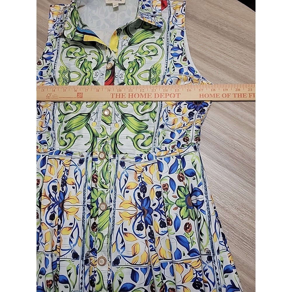 Pink Ripple Womens Blue Yellow Tile Floral Print Belted Sleeveless Midi Dress L - Picture 9 of 9